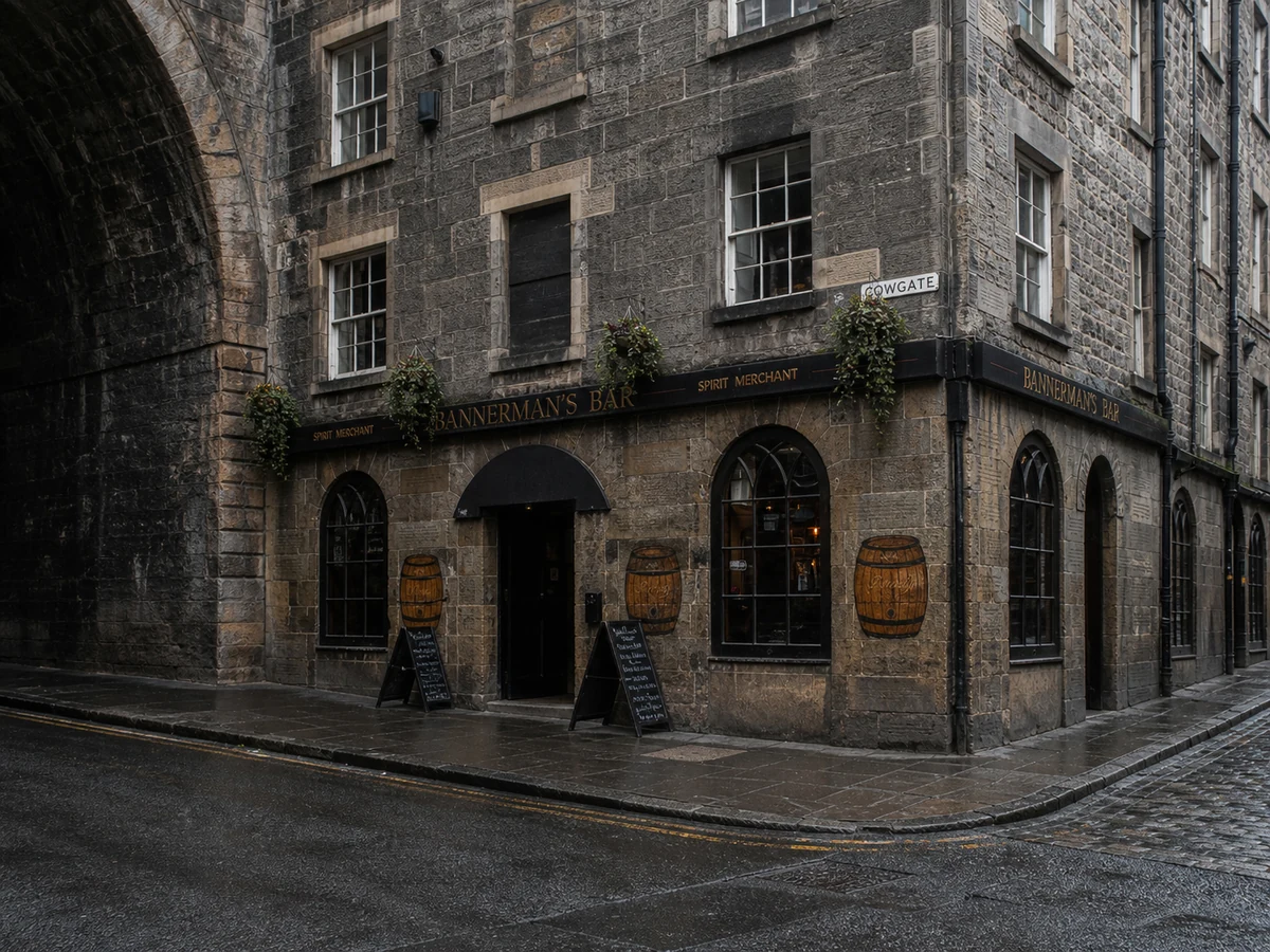 Bannerman’s Bar’s rugged Cowgate stone frontage with low arches, black-and-gold fascia and painted barrel motifs.