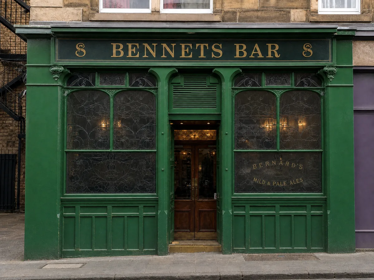 Aged green Bennets Bar frontage with gold fascia lettering, etched windows and a central doorway.