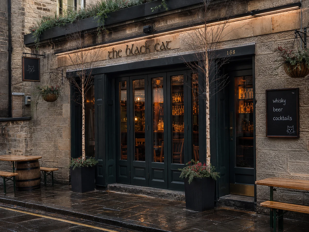 The Black Cat’s Rose Street stone frontage with dark doors, slender birches, gold name and cat sign.