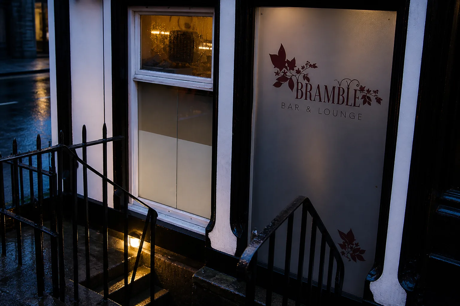 Bramble’s named frosted-glass basement entrance on Queen Street, Edinburgh.