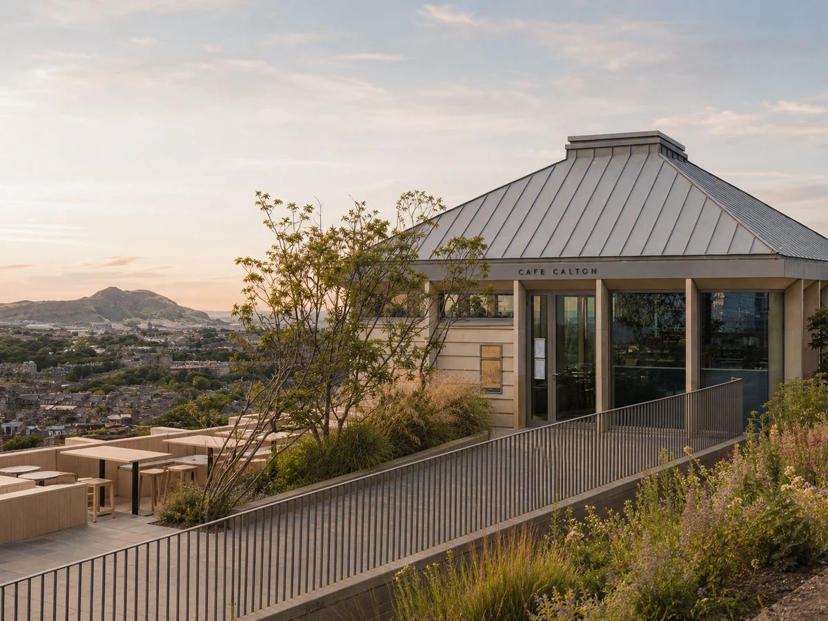 Café Calton’s modern Calton Hill pavilion with planted terrace, accessible ramp and Edinburgh view towards Arthur’s Seat.
