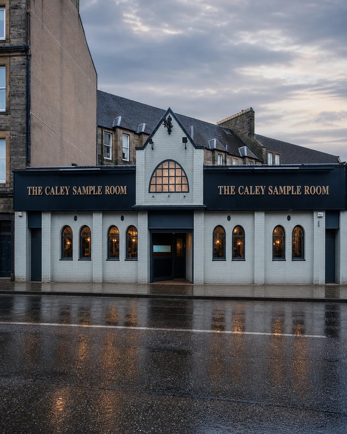 The Caley Sample Room name in gold across the dark fascia of its pale brick Angle Park Terrace frontage.
