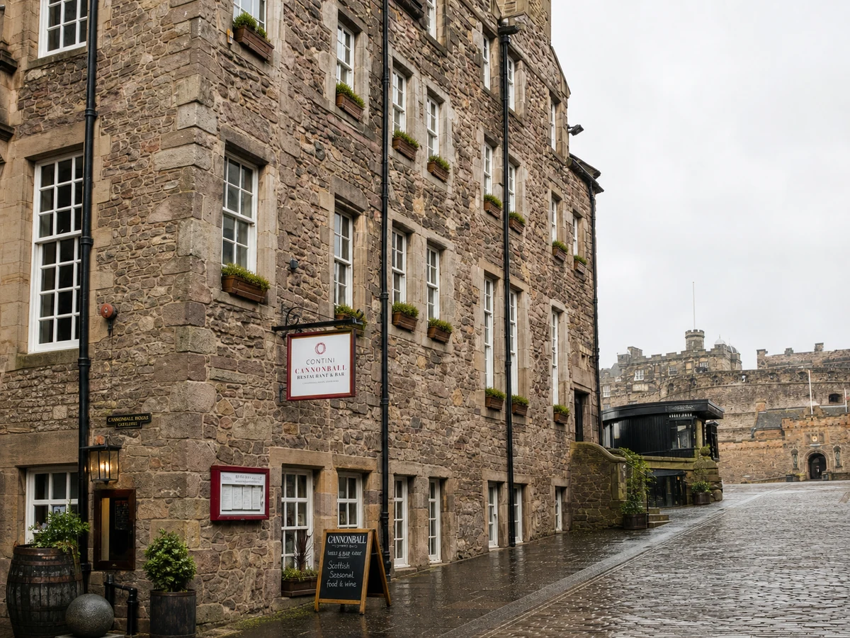 Cannonball’s Castlehill frontage in historic Cannonball House, with Contini hanging sign, sash windows and Edinburgh Castle nearby.