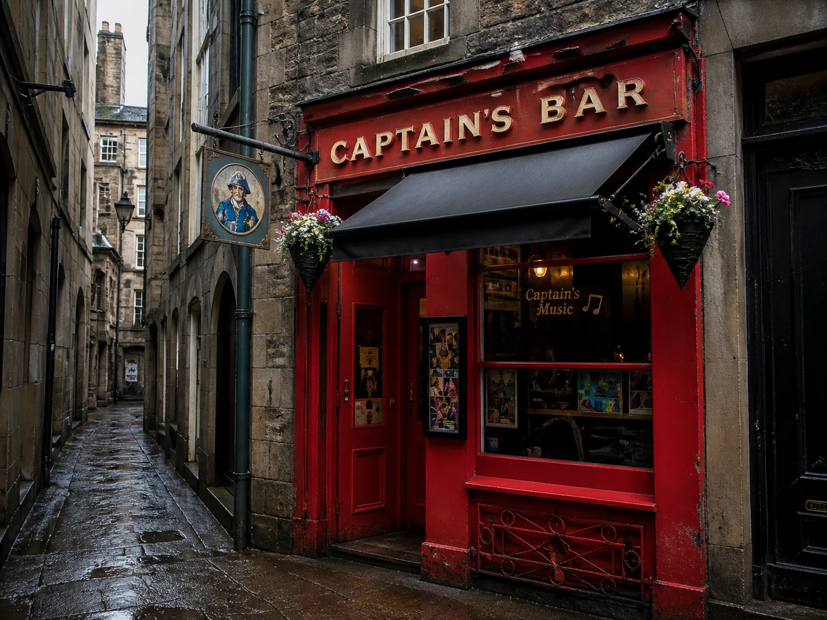 Captain’s Bar’s red South College Street frontage with black awning, gold lettering, folk-music window and flower baskets.
