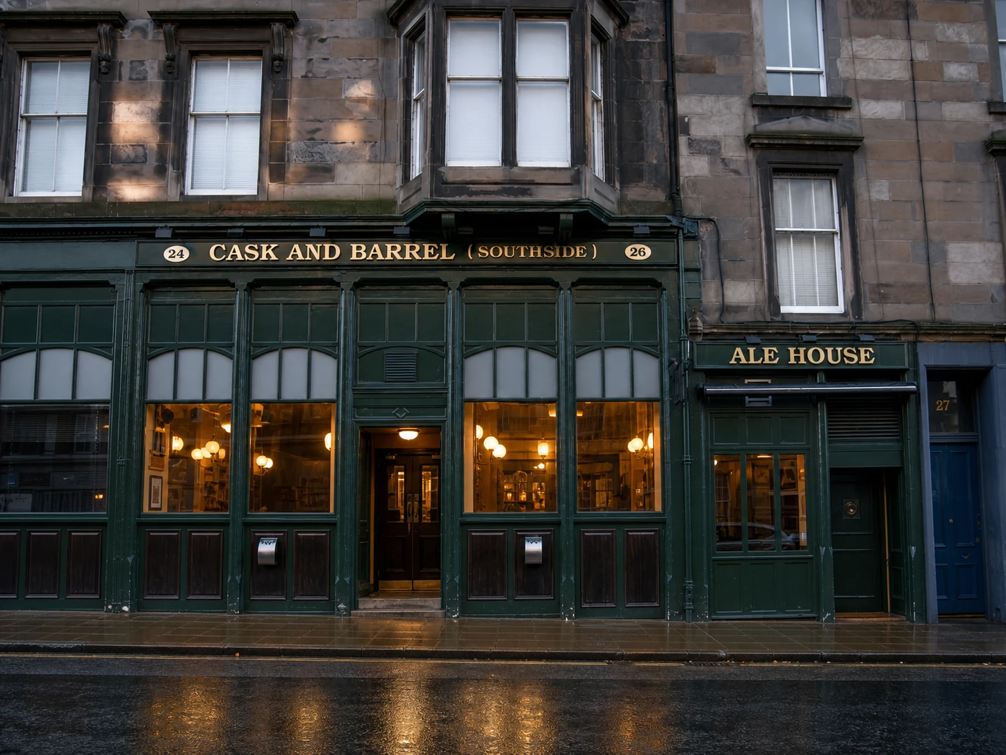 Dark-green Cask and Barrel Southside frontage with its full gold-lettered name and adjacent Ale House bay on a rain-darkened West Preston Street.
