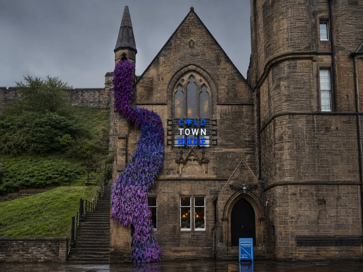 Cold Town House’s Gothic Grassmarket facade with flower cascade, stacked blue sign, stone steps and arched entrance.