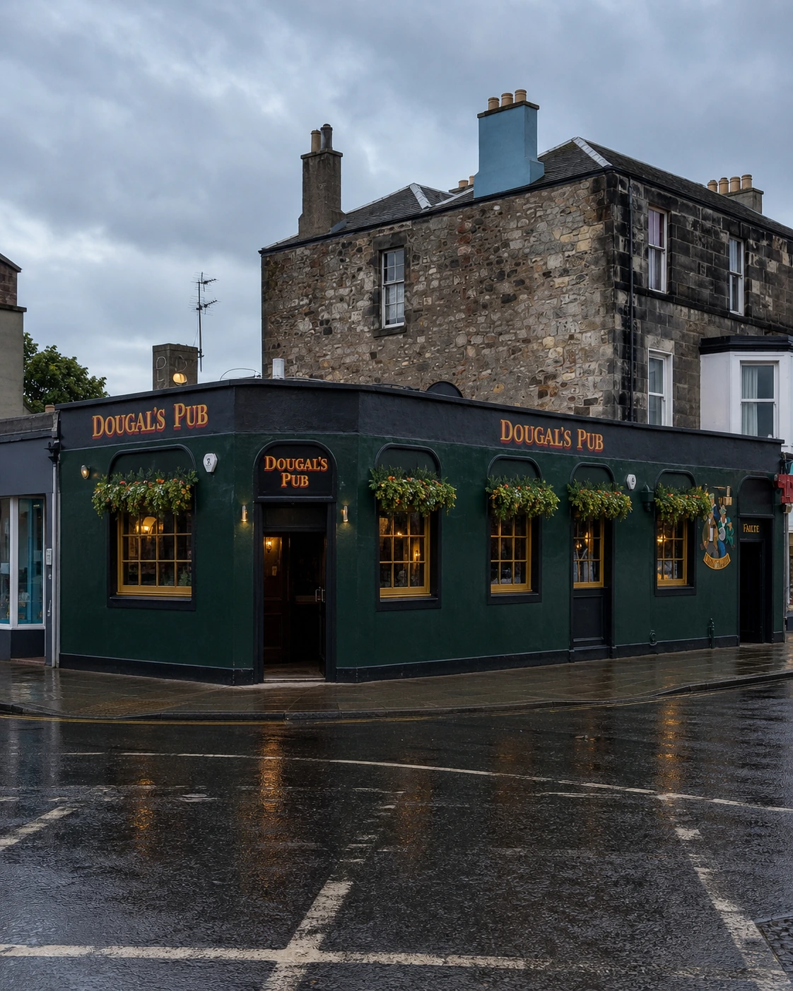Dark green DOUGAL'S PUB corner frontage, with gold-trimmed windows, a recessed corner doorway and the full low fascia.