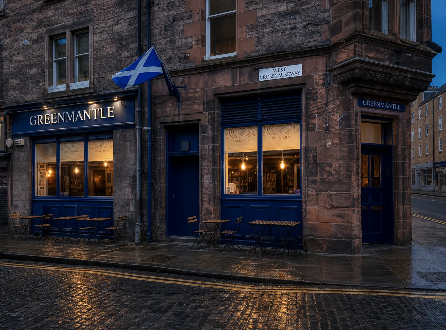 Greenmantle’s named deep-blue corner frontage on West Crosscauseway, Edinburgh.