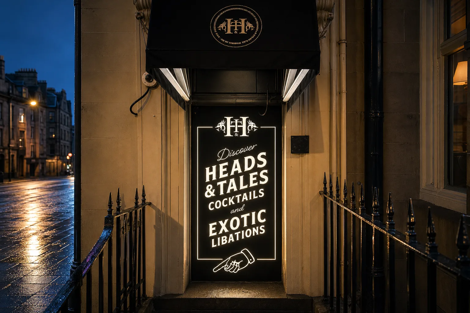 Heads & Tales’ named illuminated basement entrance on Rutland Place, Edinburgh.