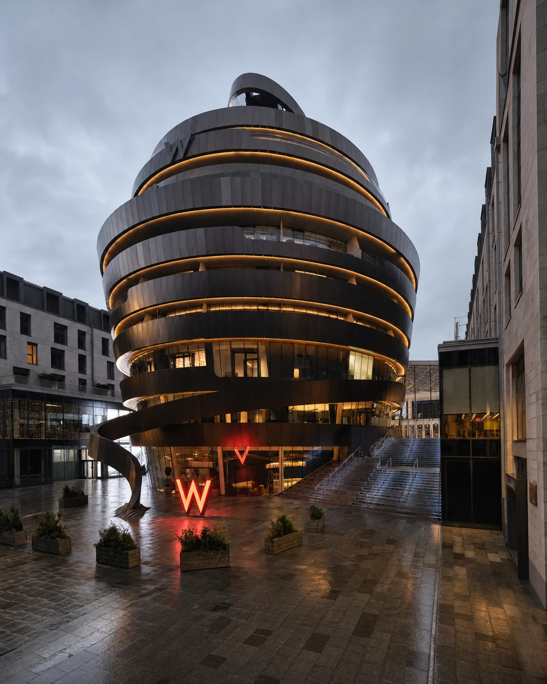 João’s Place’s exact W Edinburgh host, the bronze Ribbon Building with its red W entrance sculpture, stepped courtyard and rain-darkened plaza.