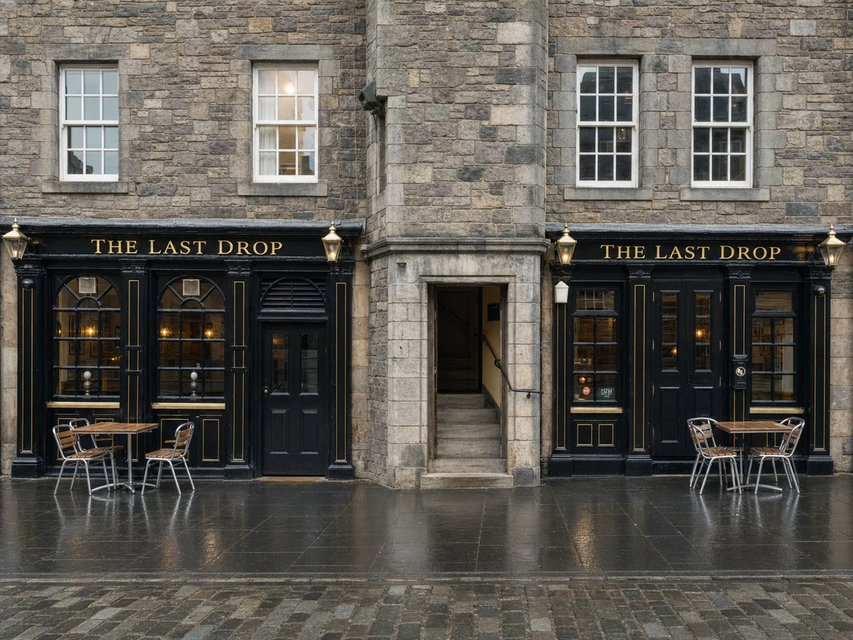 The Last Drop’s real-source-led Grassmarket frontage: its two named black-and-gold shopfronts separated by the original central stone stairway.