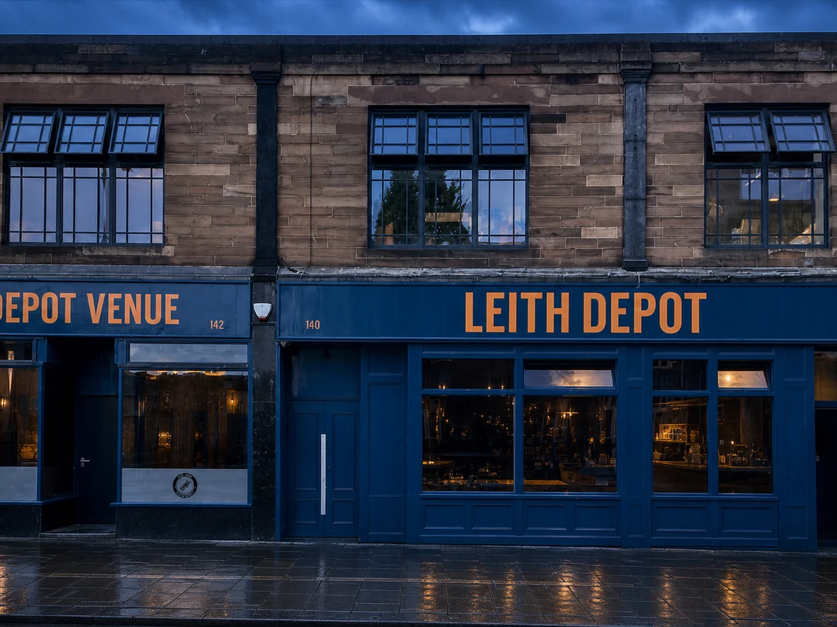 Leith Depot’s source-led cobalt-blue Leith Walk frontage below sandstone upper floors, with crisp orange “DEPOT VENUE” and “LEITH DEPOT” signs.