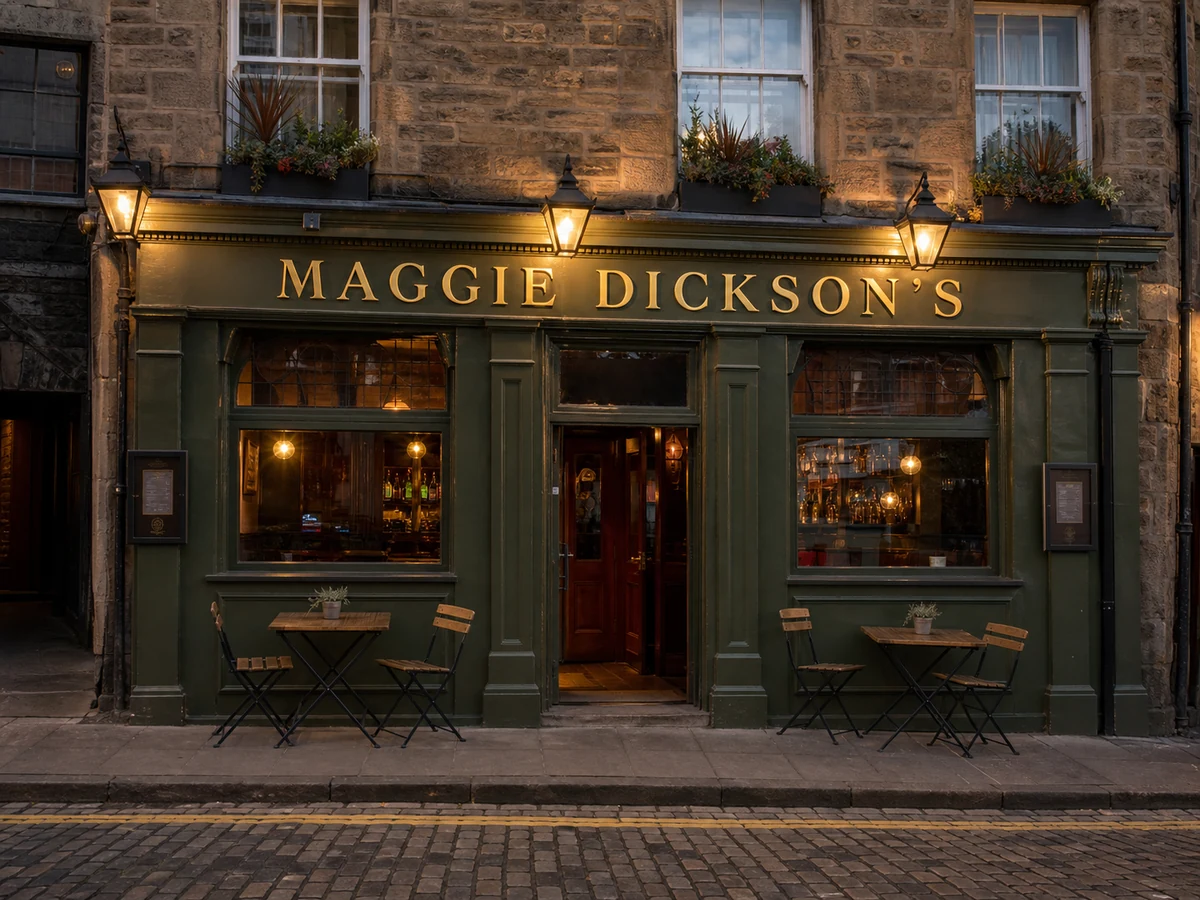 Maggie Dickson’s named dark-green Grassmarket frontage, with gold lettering, lanterns, cobbles and warm-lit windows.