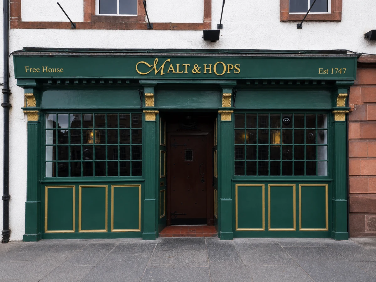 The Malt & Hops’ deep-green Shore frontage with gold lettering, large window grids and central door.