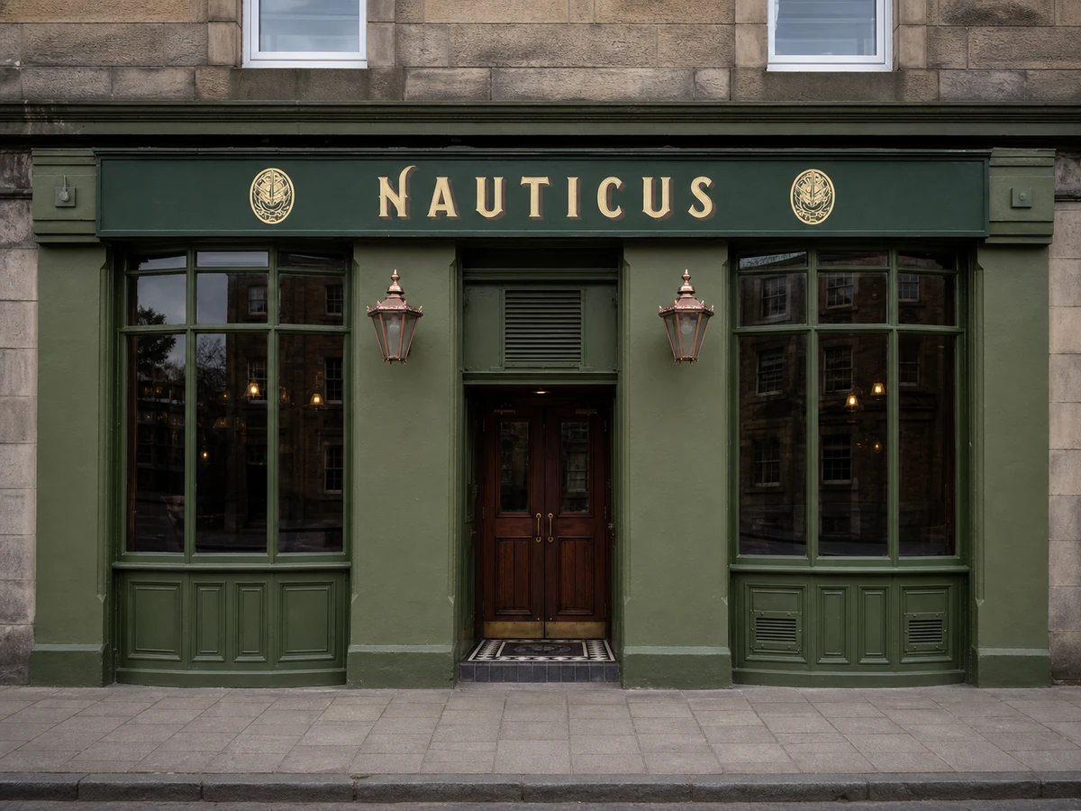 Nauticus’ olive-green Duke Street frontage with gold nameboard, nautical crests and paired copper lanterns.