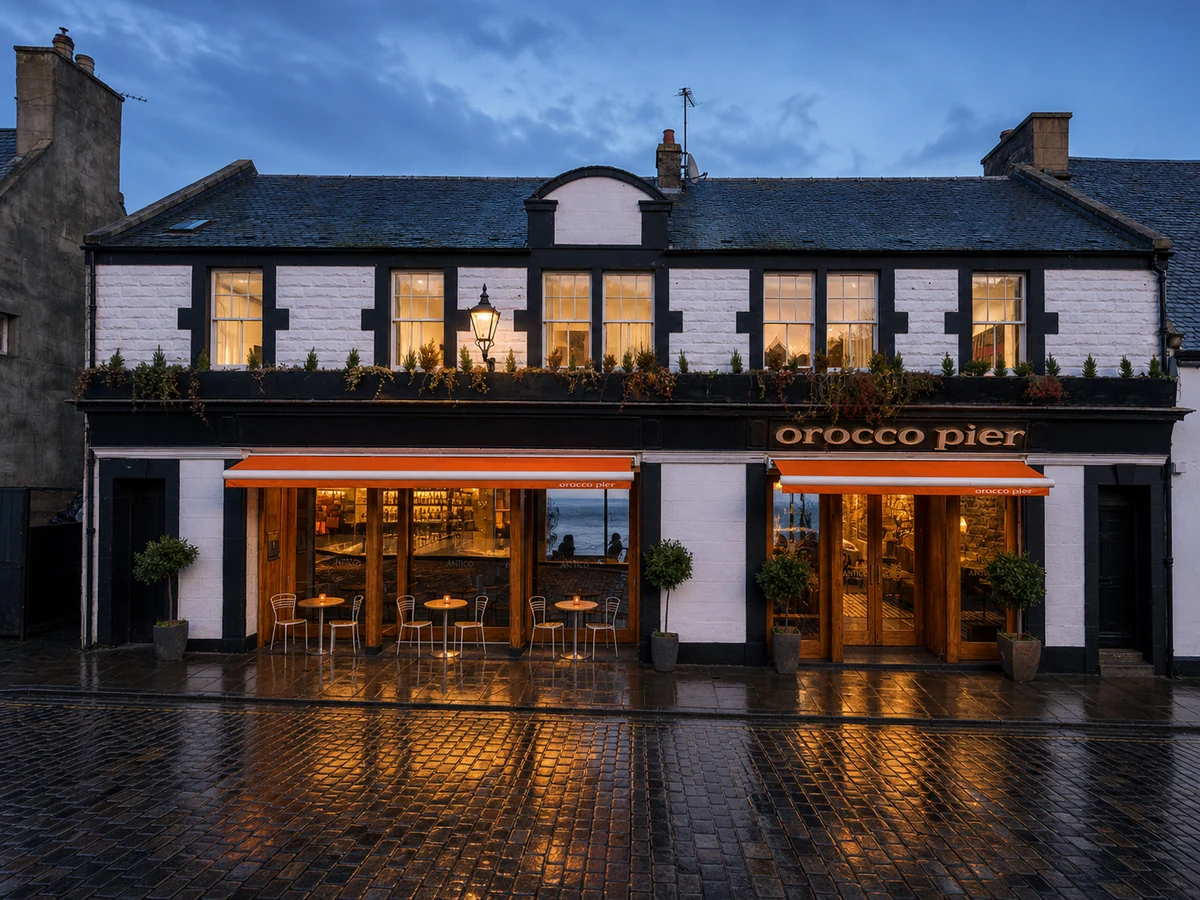 Orocco Pier’s source-led High Street frontage: white-and-black painted stonework, orange awnings, timber doors, warm light and a crisp lowercase “orocco pier” sign.