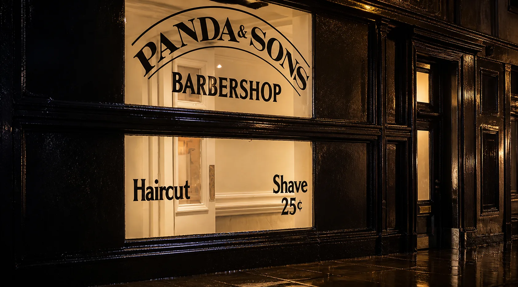 Panda & Sons’ named faux-barbershop window and black painted frontage in Edinburgh.
