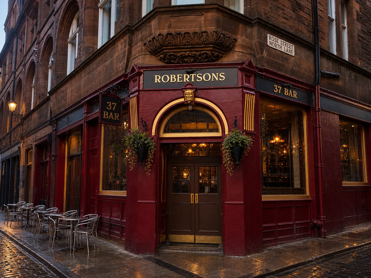 Robertson’s 37 Bar’s source-led burgundy-red Rose Street North Lane corner, carved sandstone ornament and readable “ROBERTSONS 37 BAR” signs.