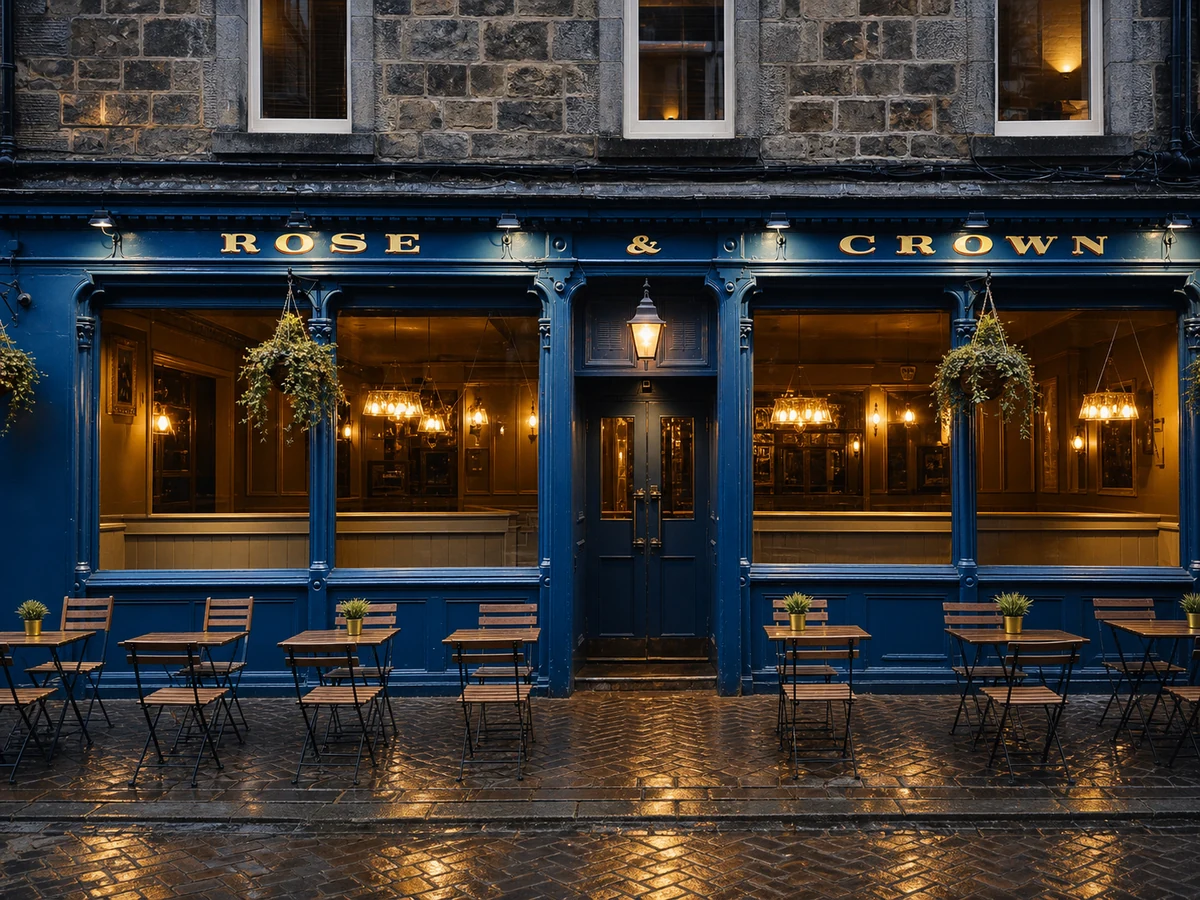 Rose & Crown’s source-led deep-blue Rose Street frontage, central lantern, hanging planters, warm windows and readable “ROSE & CROWN” name.