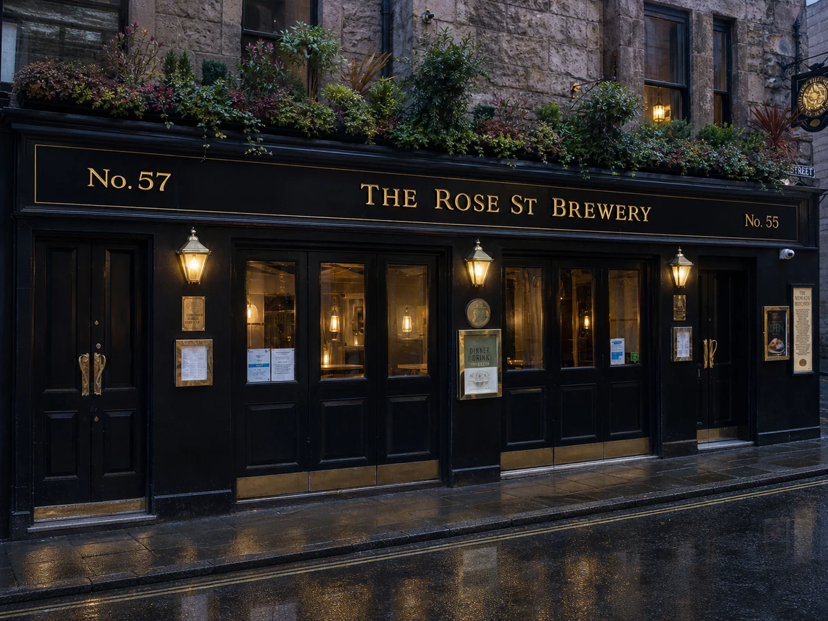 The Rose Street Brewery’s source-led black frontage, planted flower boxes, brass lanterns and crisp gold “THE ROSE ST BREWERY” sign at No. 57 and No. 55.