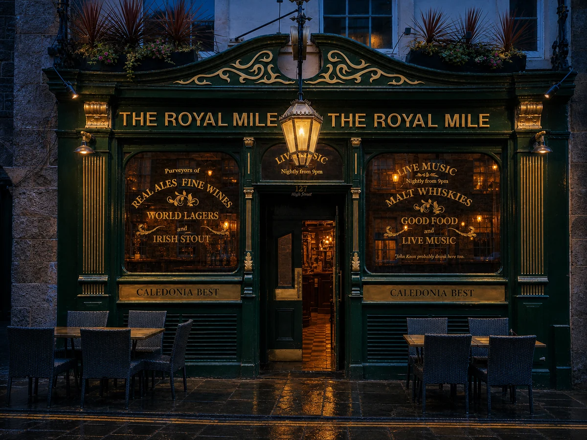 The Royal Mile Tavern’s source-led High Street frontage at wet Edinburgh blue hour: its ornate dark-green and gold fascia, central lantern, warm windows and readable “THE ROYAL MILE” name.
