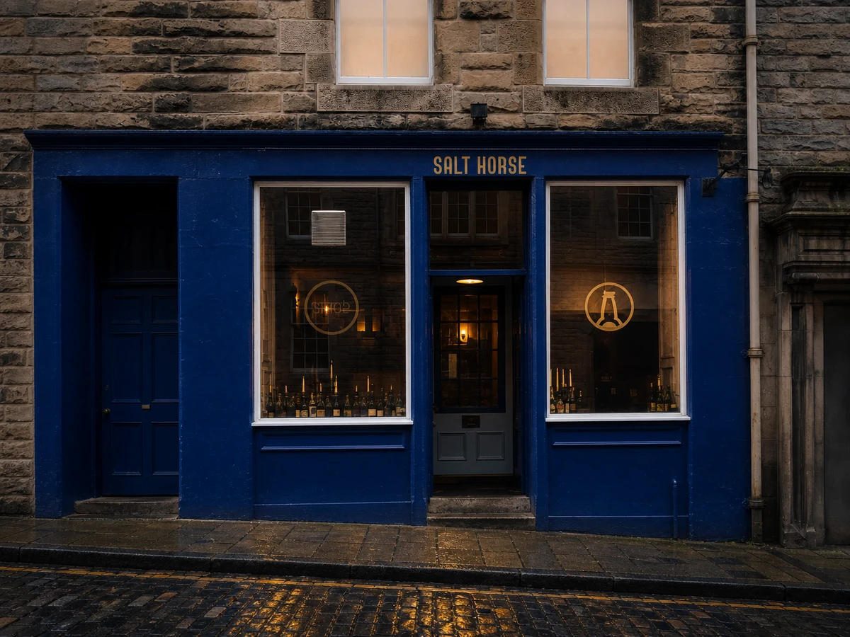Salt Horse’s source-led cobalt-blue Blackfriars Street frontage, pale sandstone above, warm display windows and crisp “SALT HORSE” sign.