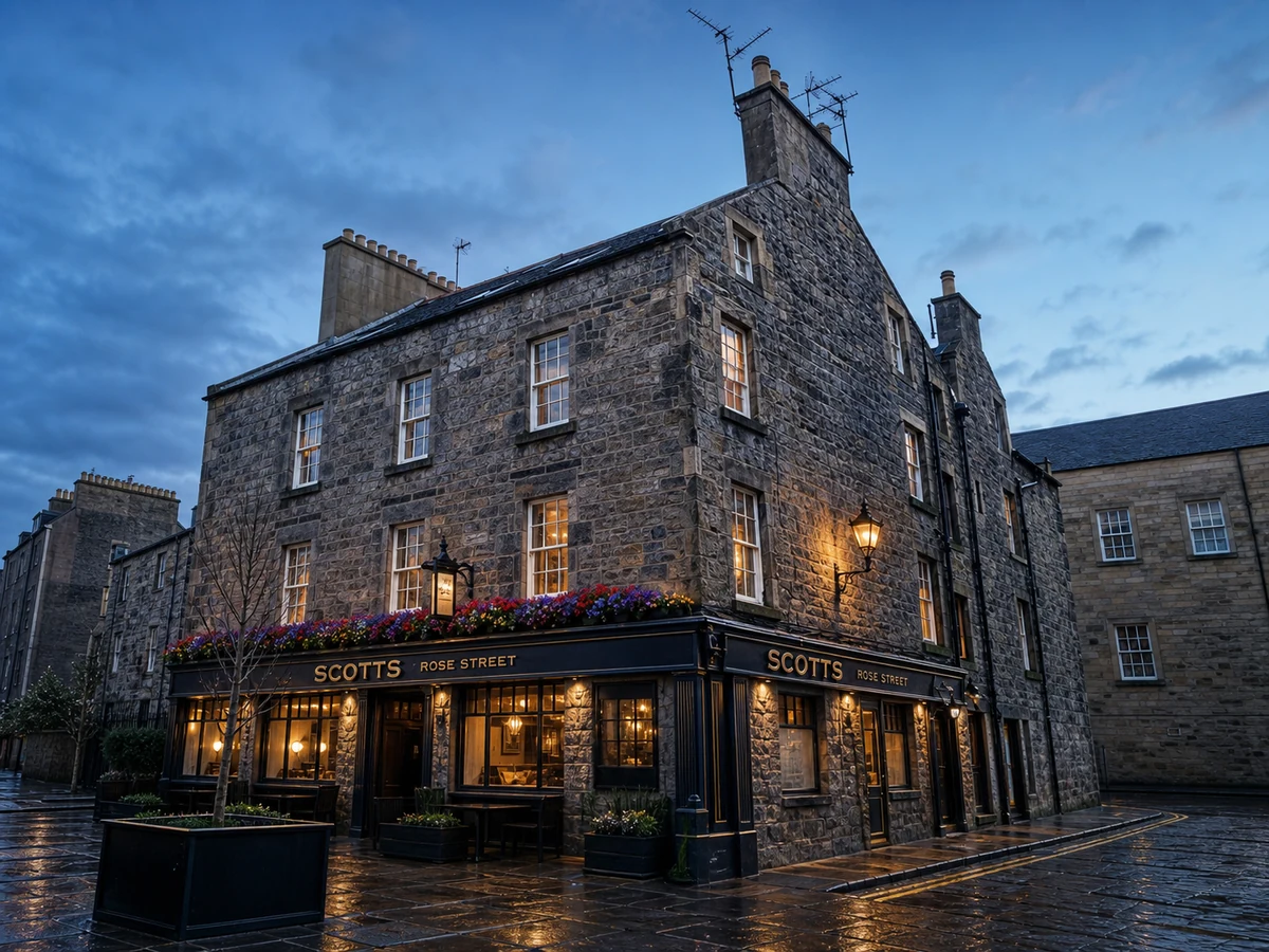 Scotts of Rose Street’s source-led grey-stone corner, dark fascia, flower-line and readable “SCOTTS ROSE STREET” sign.