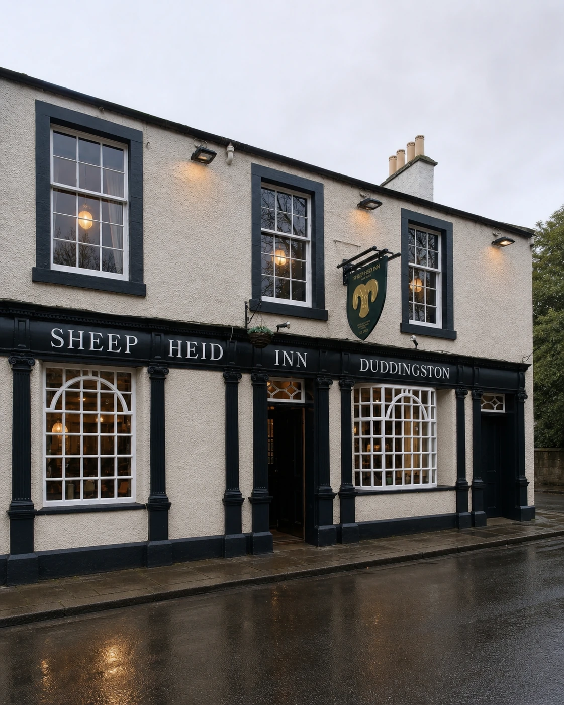 The Sheep Heid Inn’s off-white Duddingston frontage with black pilasters, arched windows and green ram-head hanging sign after rain.
