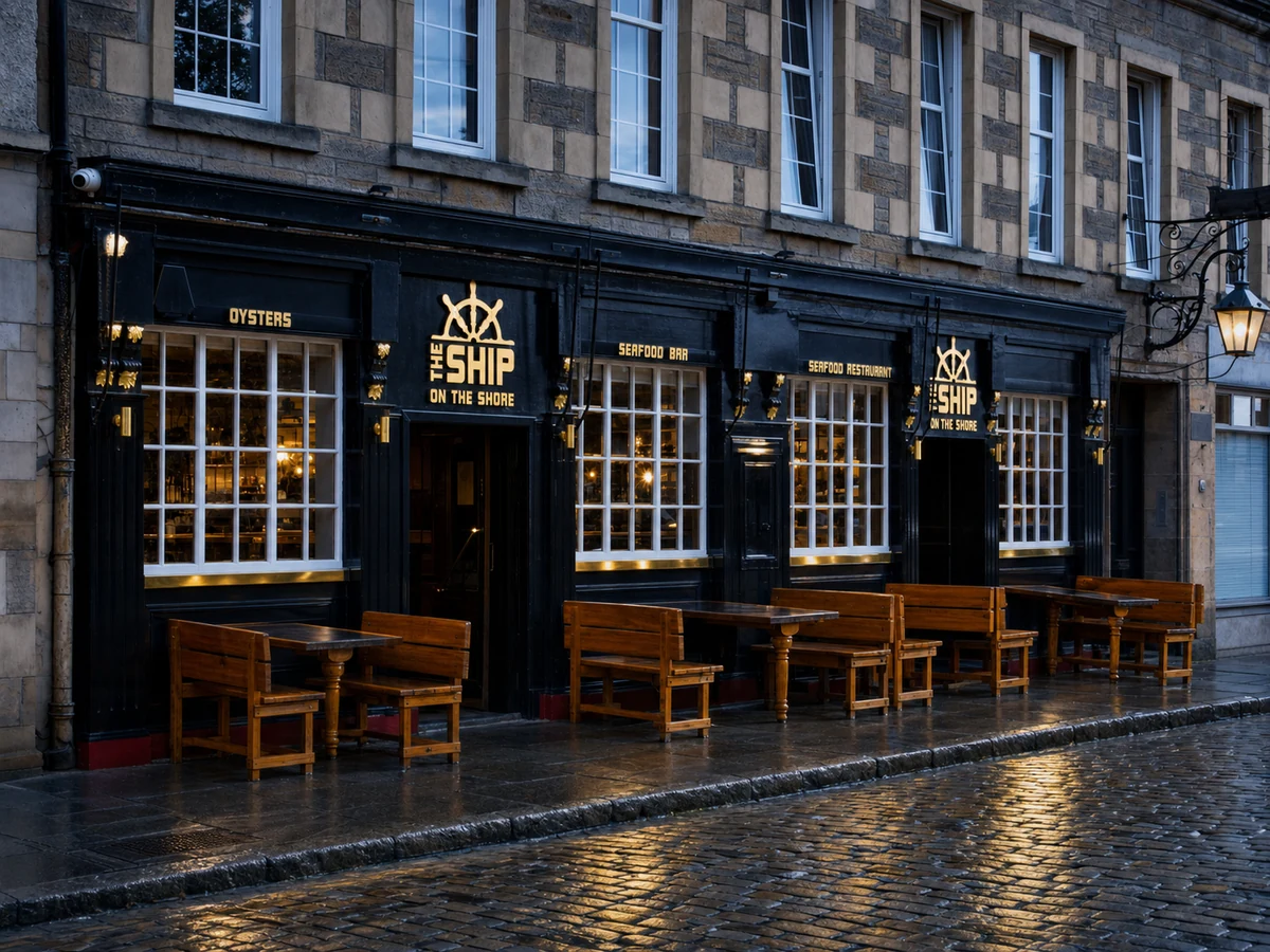 The Ship on the Shore’s source-led Leith frontage: black-and-gold seafood bar, white multi-pane windows, ship-wheel signs and rain-washed cobbles.