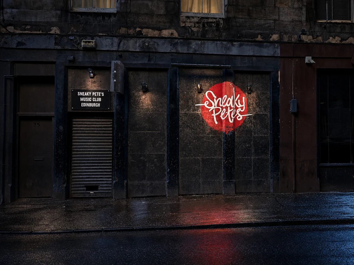 Sneaky Pete’s source-led Cowgate facade: worn black frontage, red circular logo and crisp “SNEAKY PETE’S MUSIC CLUB EDINBURGH” sign.
