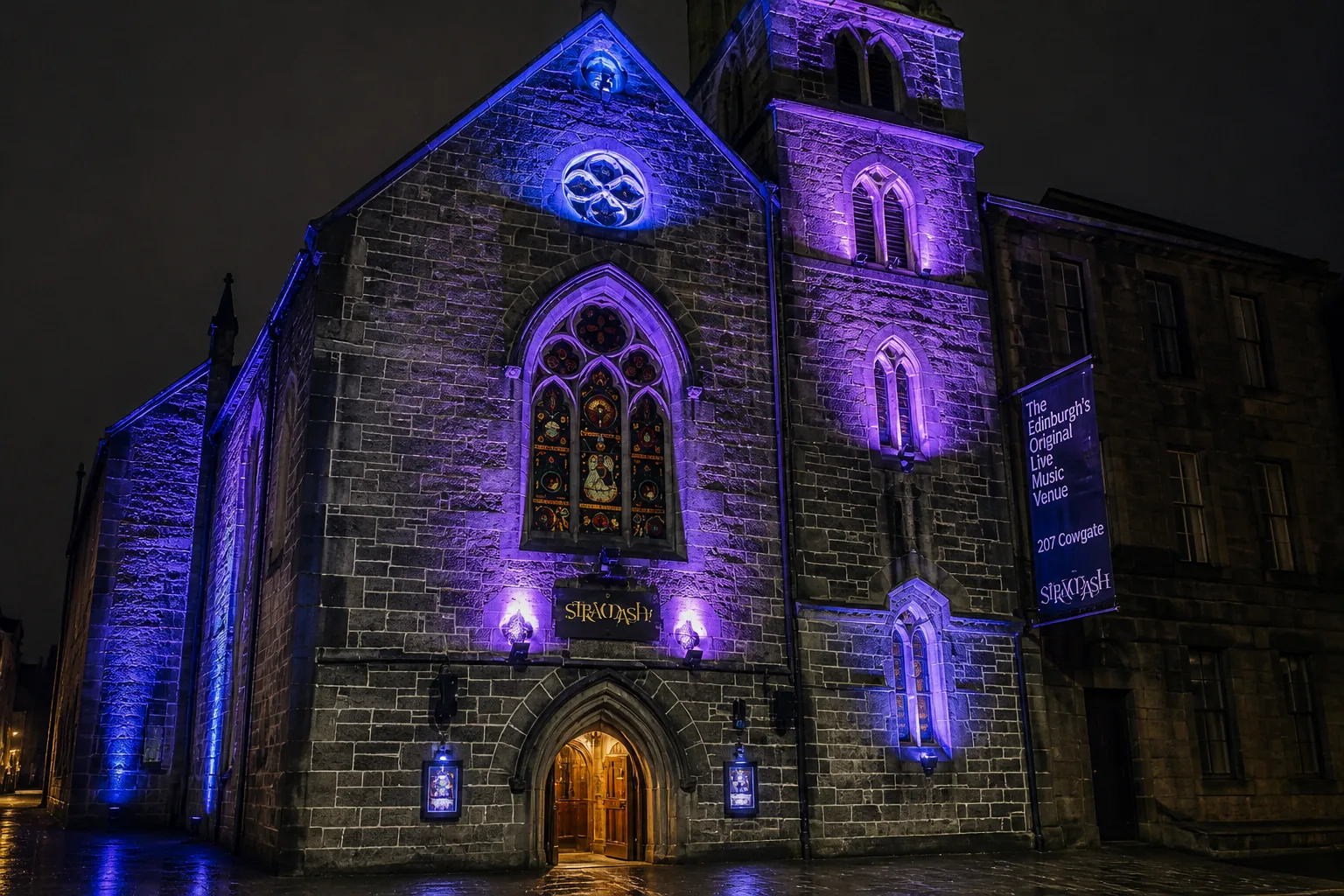 Stramash’s named, purple-lit former-church façade on Cowgate, Edinburgh.