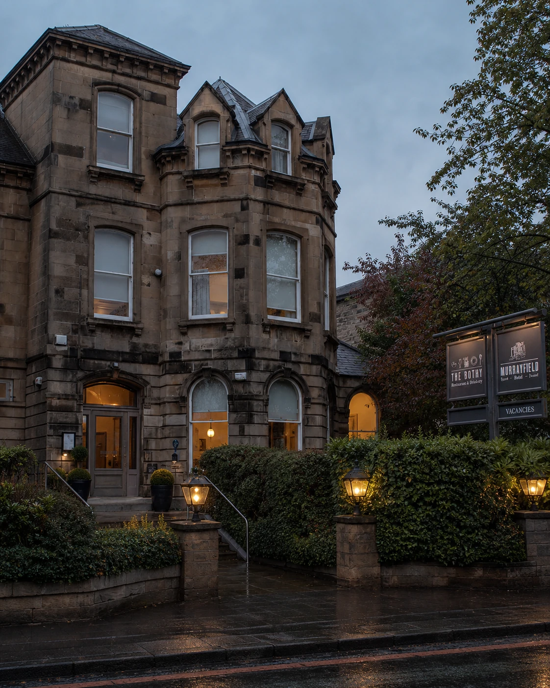 The Bothy and Murrayfield Hotel names on the freestanding sign beside the stone hotel frontage.