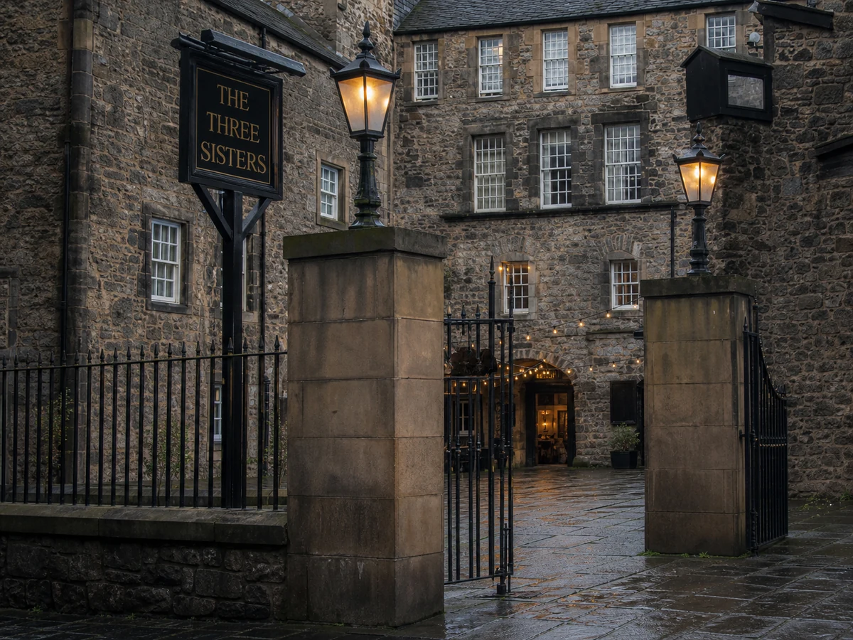 The Three Sisters’ real-source-led Cowgate courtyard entrance, with named black-and-gold sign, open iron gates, Old Town stone and warm lanterns.